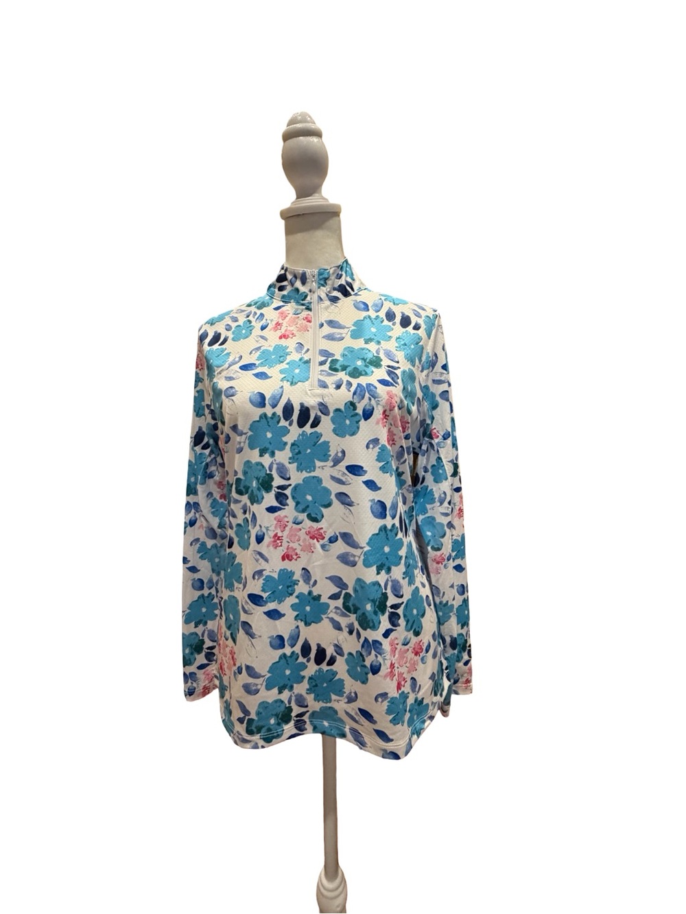 Gottex Floral Mock-Neck Long Sleeve Top - Blue, Pink on White